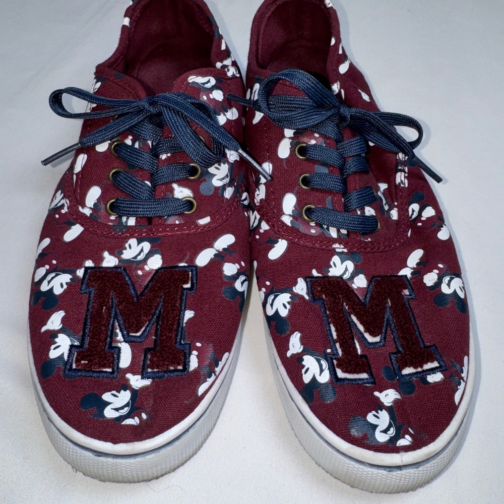 Disney Mickey Mouse Burgundy Canvas Sneakers Varsity M Patch Low Top Womens 10